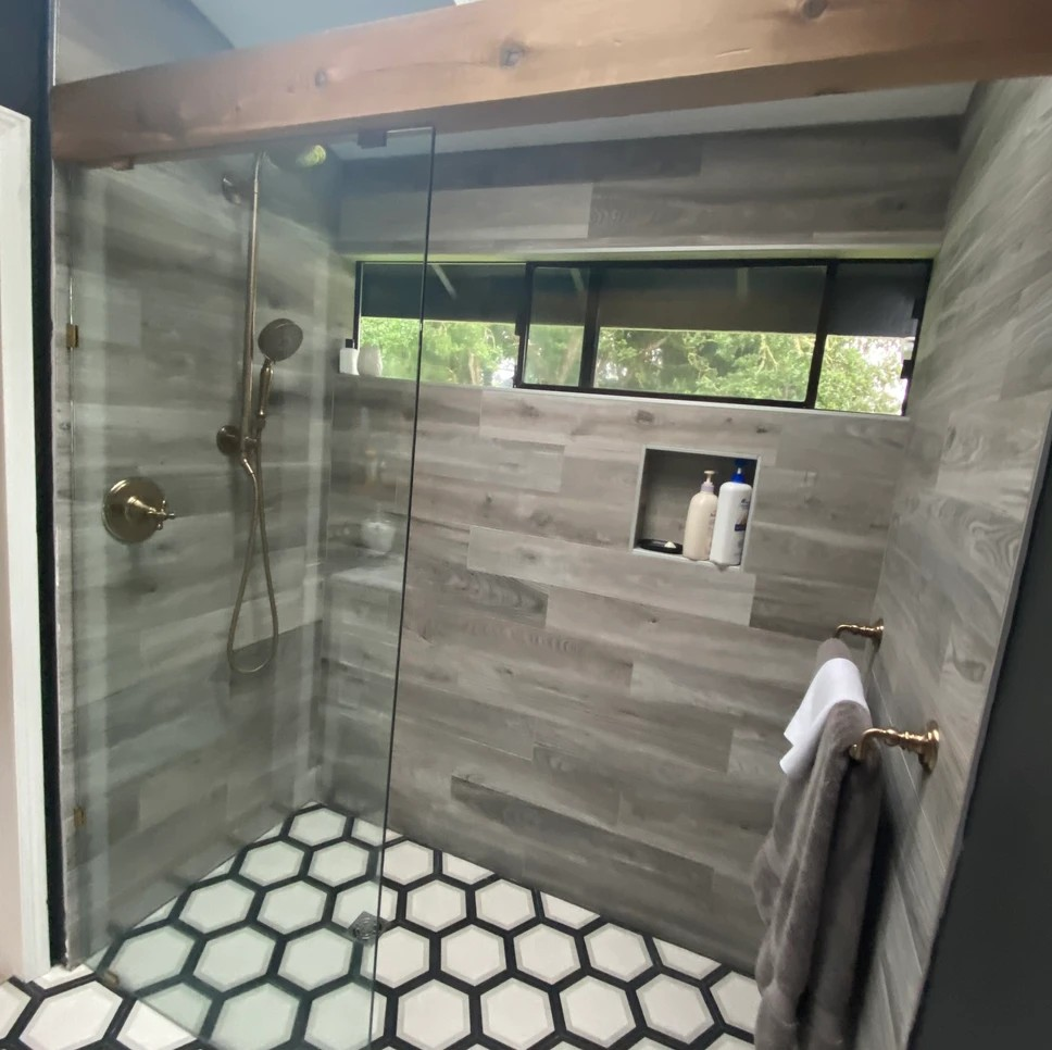Design-Build Contractors in Lakewood WA | Bandido Solutions 3 Bathroom remodel with gray shower and patterned floor